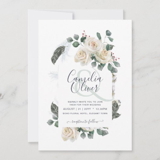 ホワエレガントイトローゼアンパサンドフローラアーチ結婚ズ 招待状 (正面)