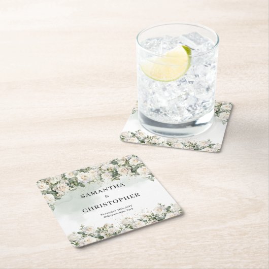 ホワエレガントイトローゼスフローラガーデン結婚グリーナリー スクエアペーパーコースター (インサイチュ)