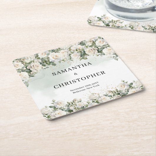 ホワエレガントイトローゼスフローラガーデン結婚グリーナリー スクエアペーパーコースター (アングル)