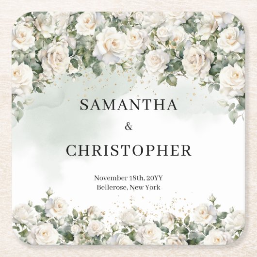 ホワエレガントイトローゼスフローラガーデン結婚グリーナリー スクエアペーパーコースター (正面)