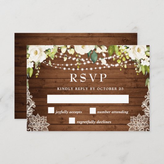 ホワエレガントイトローゼズグリーンリー素朴レース結婚ズ 出欠カード (正面/裏面)