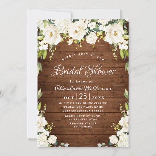 ホワエレガントイトローゼズ素朴ウッドブライダルシャワー 招待状 (正面)