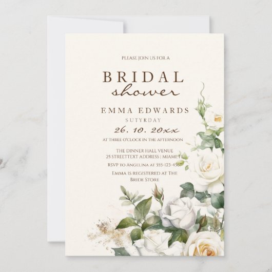 ホワエレガントイトローゼベージュフローラブライダルシャワー 招待状 (正面)