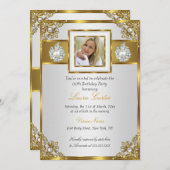 ホワエレガントイト金ゴールドパールダマスクフォト誕生日 招待状 (正面/裏面)