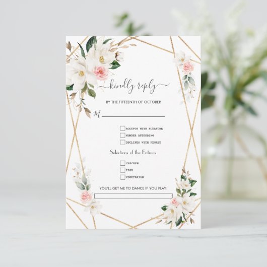 ホワエレガントイトMagnolia金ゴールドソングリクエス結婚ト 出欠カード (スタンド正面)