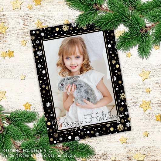 ホワカスタムイト金ゴールドスノーフレークスオンブラックホリデー カード