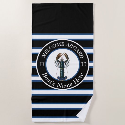 ホワストライプのイ航海のトボート名ブルーロブステ ビーチタオル (正面)