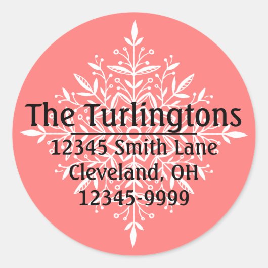 ホワパーソナライズされたイトスノーフレーク差出人住所ラベル ラウンドシール (正面)