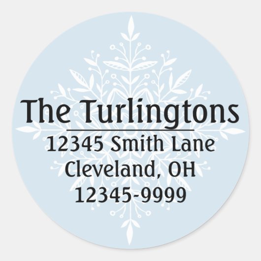 ホワパーソナライズされたイトスノーフレーク差出人住所ラベル ラウンドシール (正面)