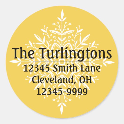 ホワパーソナライズされたイトスノーフレーク差出人住所ラベル ラウンドシール (正面)
