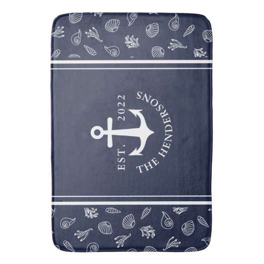 ホワパーソナライズされたイ航海のトネイビーブルーいかり バスマット (正面縦)