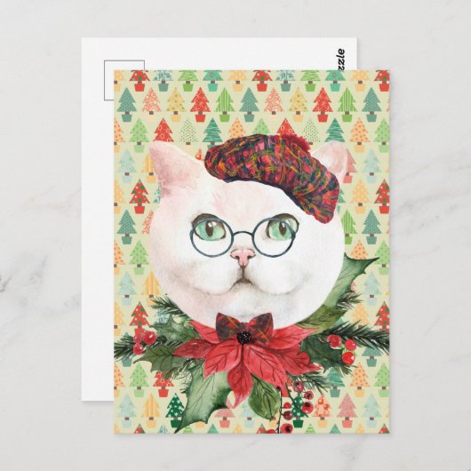 ホワファンシーイトキャット&ポインセティアホリデイ ポストカード (正面/裏面)