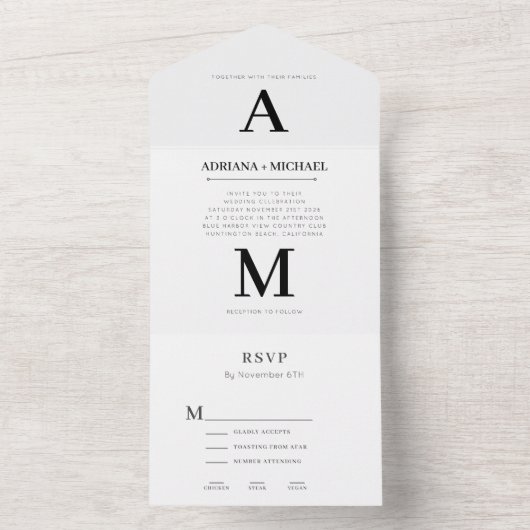 ホワモダンはっきりしたイト黒タイポグラフィ結婚ズ オールインワン招待状 (内側)