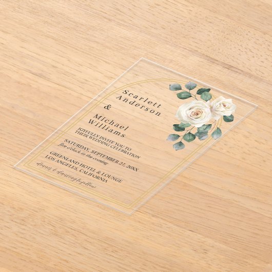 ホワモダンイエレガントトローズ&ゴールデンアーチ結婚ーズ アクリル招待状 (レイダウン)