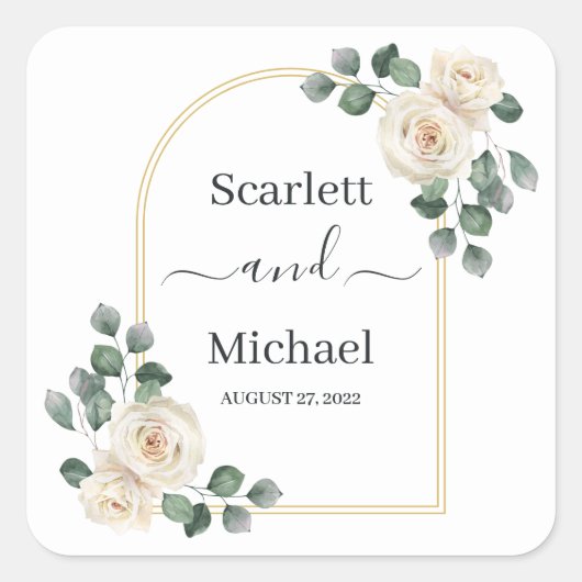 ホワモダンイエレガントトローズ&ゴールデンアーチ結婚ーズ スクエアシール (正面)