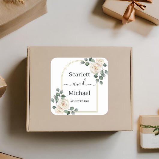 ホワモダンイエレガントトローズ&ゴールデンアーチ結婚ーズ スクエアシール