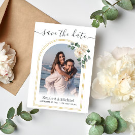 ホワモダンイエレガントトローズ&ゴールデンアーチ結婚ーズ セーブザデート