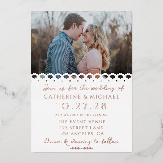 ホワモダンイエレガント・レース写真結婚の写真 箔招待状 (正面)