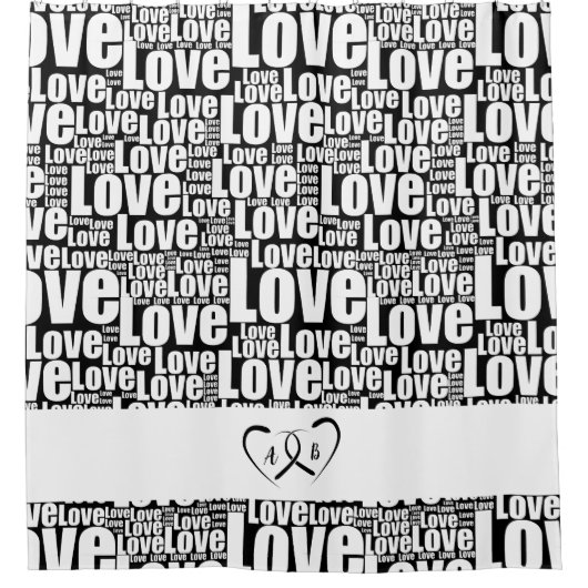 ホワモダンイトラブタイポグラフィ&絡み合いハート シャワーカーテン (正面)