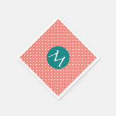 ホワモノグラムのイト、コーラルピンクとティール(緑がかった色)水玉模様 スタンダードカクテルナプキン (角)