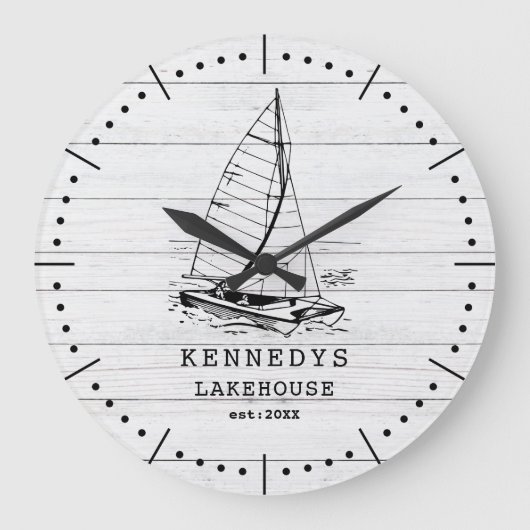 ホワ素朴イトウッドボートファミリーネームレイクハウス ラージ壁時計 (正面)