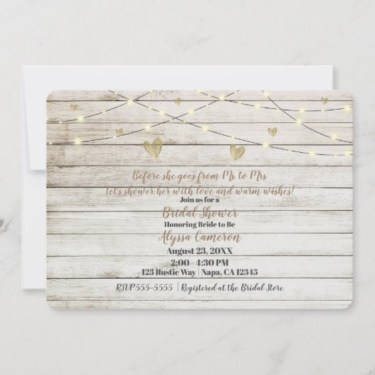 ホワ素朴イトウッドライト&ハートブライダルシャワー 招待状 (正面)
