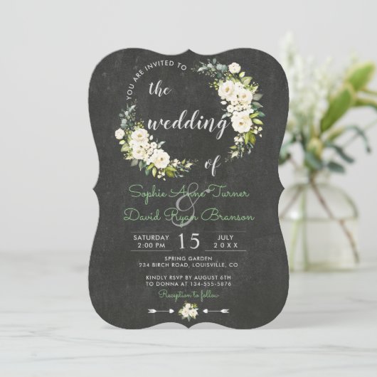 ホワ素朴イトクリームフローラチョーク結婚ボード 招待状 (スタンド正面)