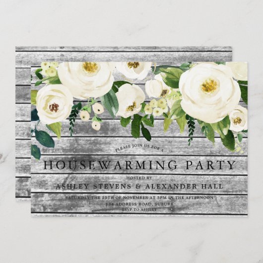 ホワ素朴イトシャンパンフラワーズ引っ越し祝いパーティーパーティー 招待状 (正面/裏面)