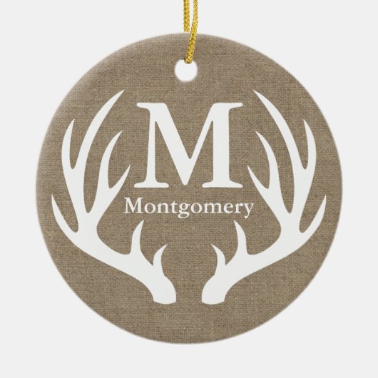 ホワ素朴イトディアー〔雄ジカの〕枝角フェイクブララップファミリー名 セラミックオーナメント (正面)