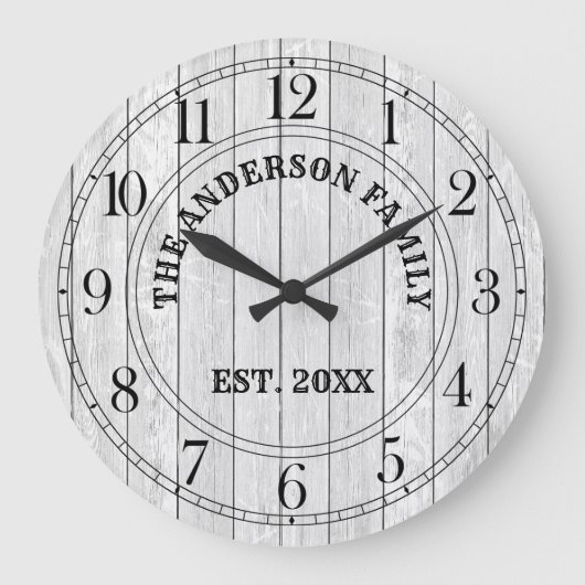 ホワ素朴イトバーンウッドファームハウスパーソナライズされた名 ラージ壁時計 (正面)