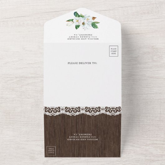 ホワ素朴イトマグノリアフローラバーンウッドズ結婚ズ オールインワン招待状 (外側)