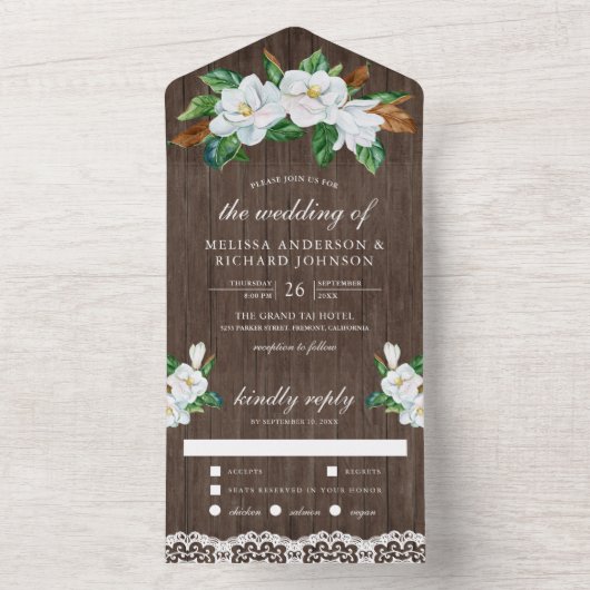 ホワ素朴イトマグノリアフローラバーンウッドズ結婚ズ オールインワン招待状 (内側)