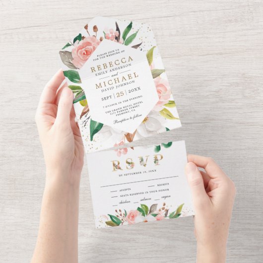 ホワ素朴イトマグノリア赤面ピンクフローラ結婚ズ オールインワン招待状 (貼ってはがせる)