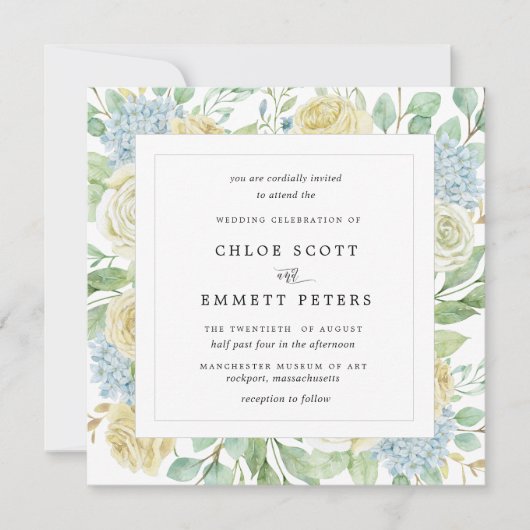 ホワ素朴イトローズブルーアジサイ結婚スクエア 招待状 (正面)