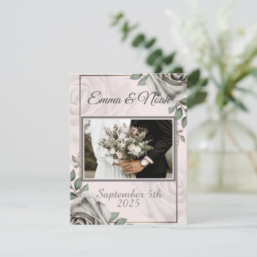 ホワ素朴イトローズ写真テンプレート結婚ズサンキュー セーブザデート (スタンド正面)