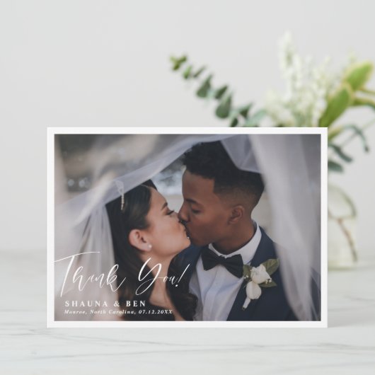 ホワ縁どイト書道オーバーレイ結婚の2枚の写真 サンキューカード (スタンド正面)