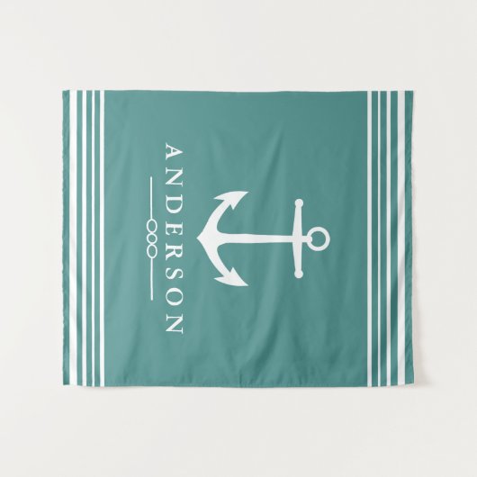 ホワ航海のイストライプトいかりティール（緑がかった色） |パーソナライズされた | タペストリー (正面(横))