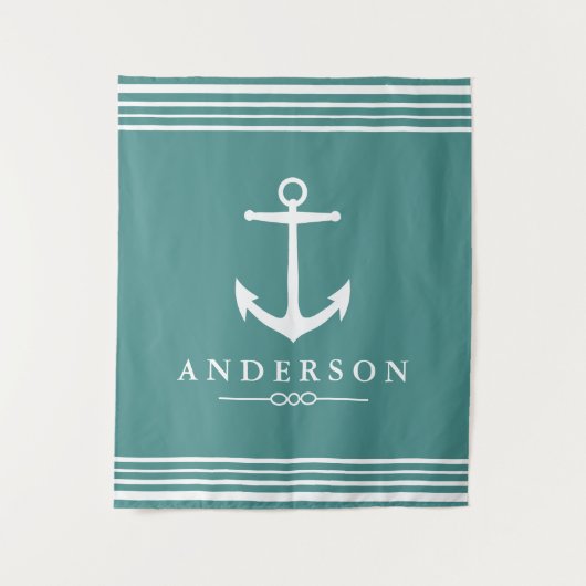 ホワ航海のイストライプトいかりティール（緑がかった色） |パーソナライズされた | タペストリー (正面)