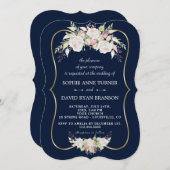 ホワ魅力的イトピンクローゼネイビーブルー金ゴールドズ結婚 招待状 (正面/裏面)