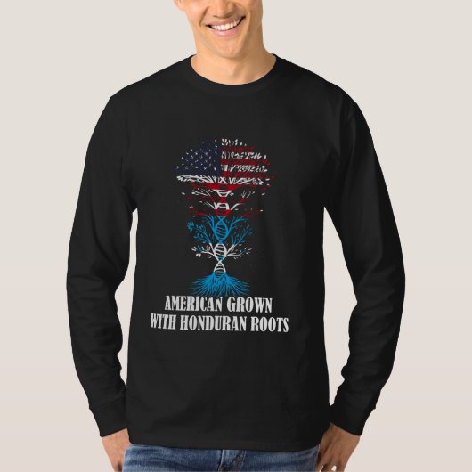ホンジュラスルーツホンジュラス国旗Dで育ったアメリカ人 Tシャツ (正面)