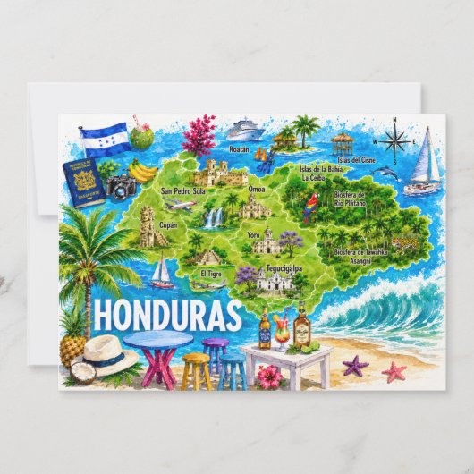 ホンジュラス イラスト入り旅行地図 ポストカード (正面)