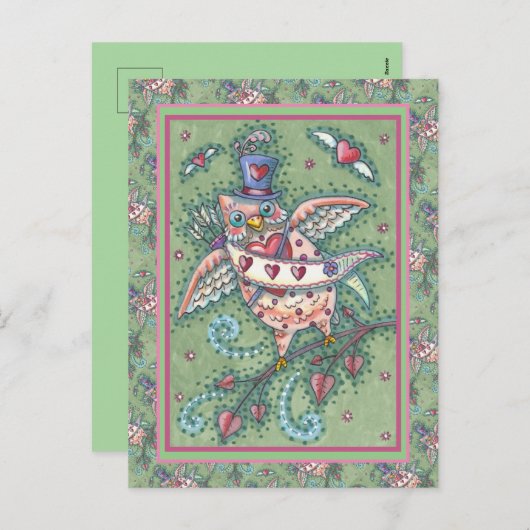 ホーお洒落ツN'ハートキュピッドフクロウバレンタイン シーズンポストカード (正面/裏面)