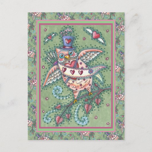 ホーお洒落ツN'ハートキュピッドフクロウバレンタイン シーズンポストカード (正面)