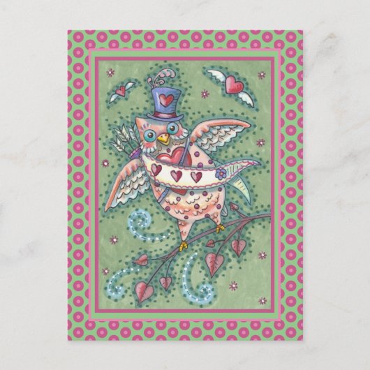 ホーお洒落ツN'ハートキュピッドフクロウバレンタイン シーズンポストカード (正面)