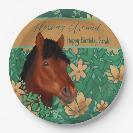 ホーシンのまわりにフラワー恋人ブラウン馬 ペーパープレート (正面)