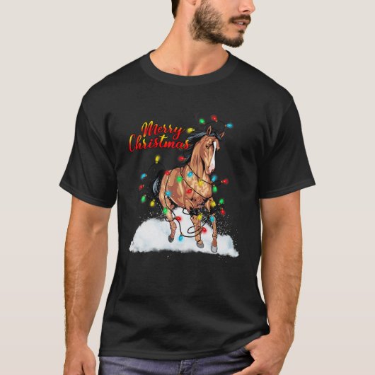 ホースおもしろいクリスマスライトパジャマスホースサンタH Tシャツ (正面)