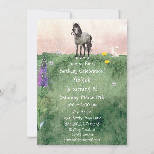 ホースかわいらしメドウと春の花誕生日 招待状 (裏面)