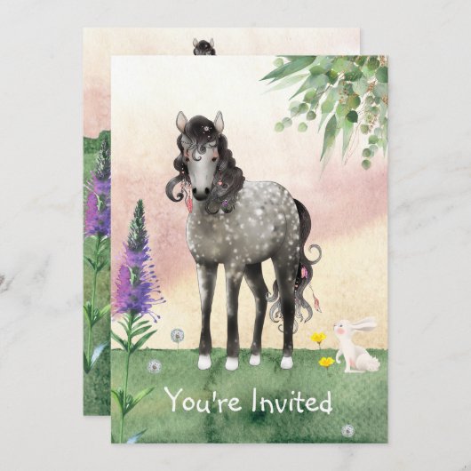 ホースかわいらしメドウと春の花誕生日 招待状 (正面/裏面)