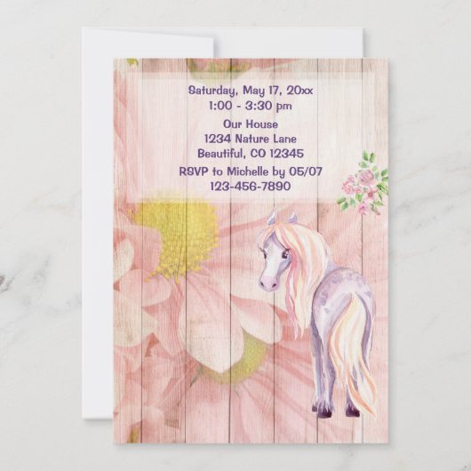 ホースとかわいらしデイジーオンバーンウッド誕生日 招待状 (裏面)