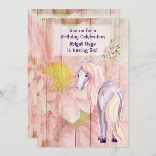 ホースとかわいらしデイジーオンバーンウッド誕生日 招待状 (正面/裏面)
